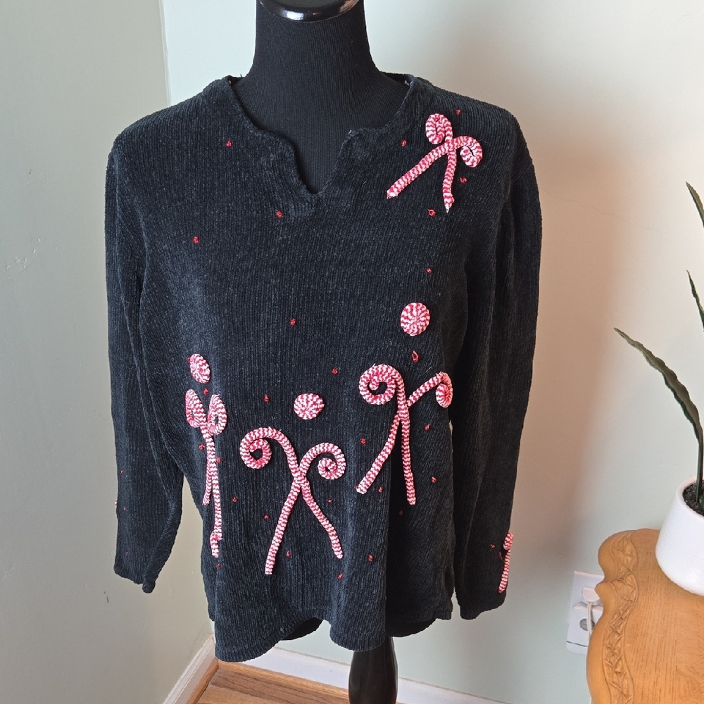 Vintage 90s Black Christmas Sweater with 3D Candy Canes